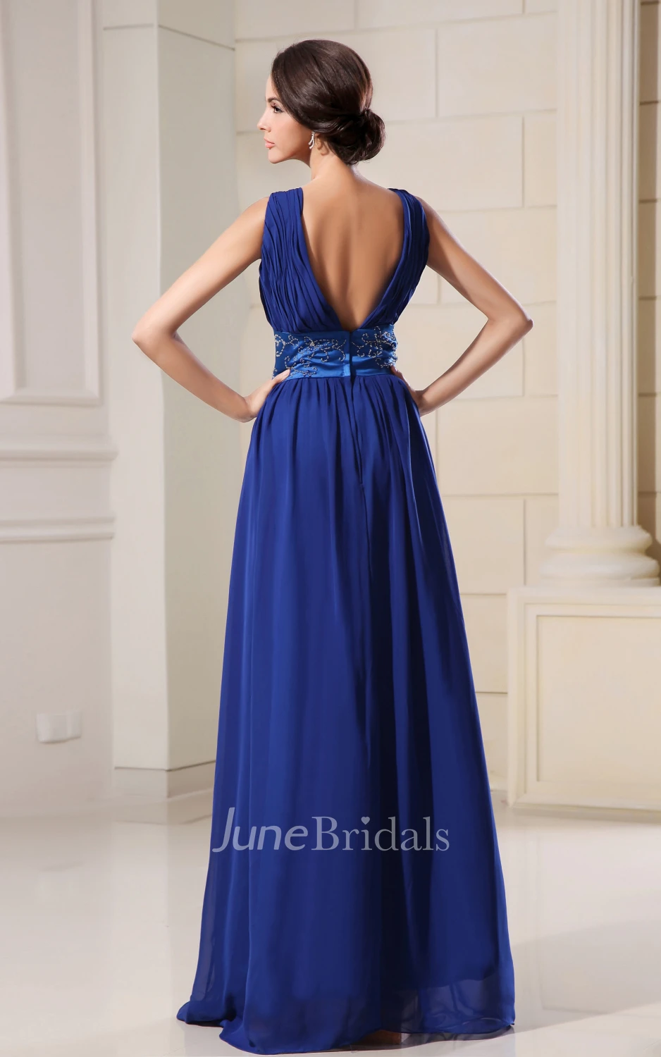 Empire A-Line V-Neck Low Graceful Gown With Crystal Detailing Waist