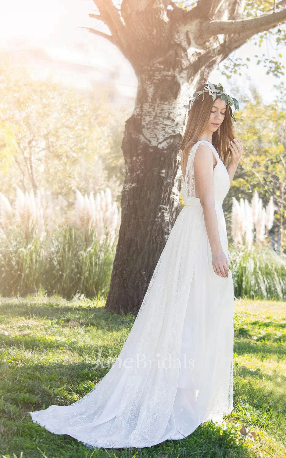 Bohemian Long Lace Wedding Dress With V-Neck