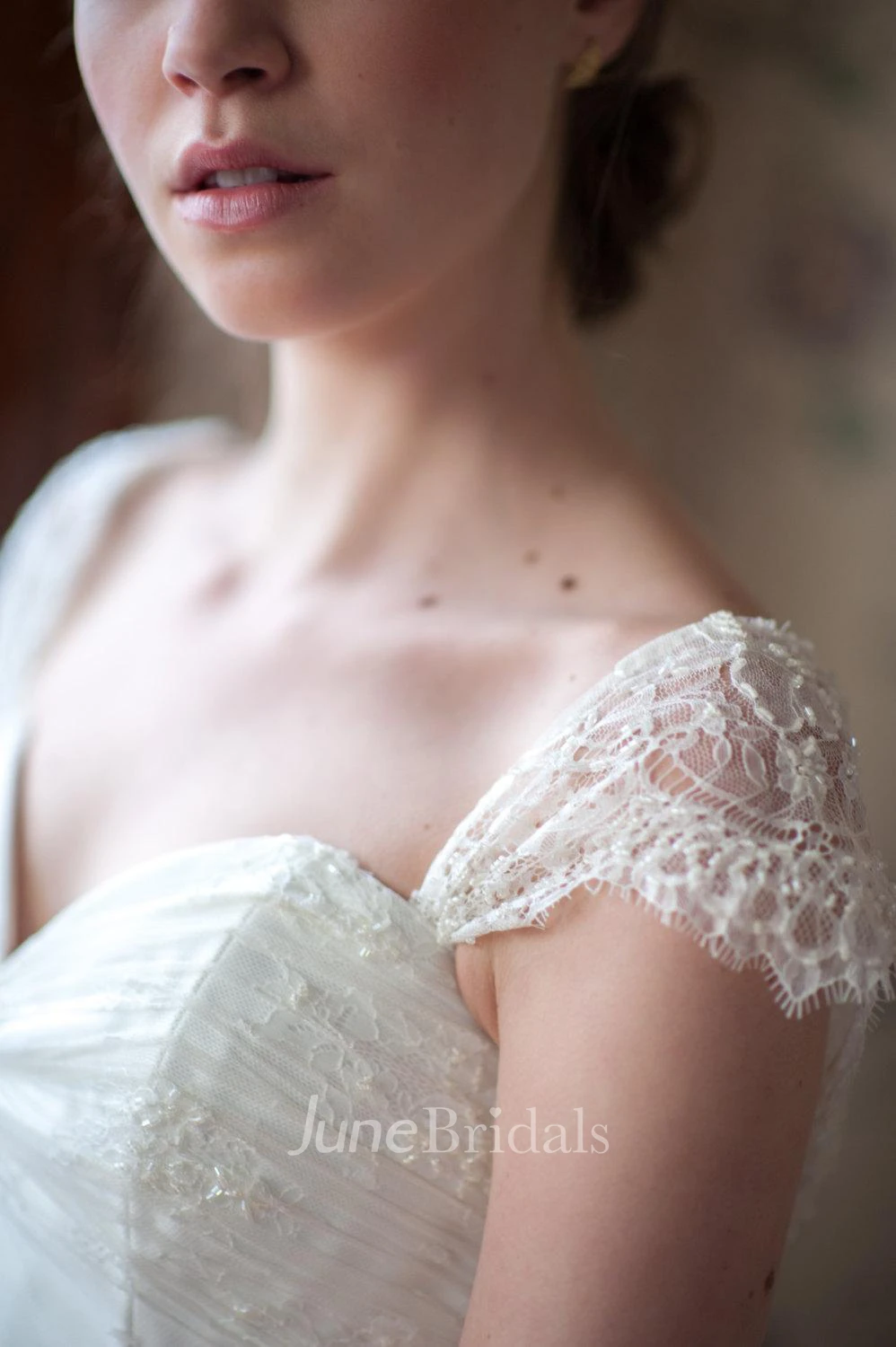 Two-Toned Sweetheart Neck Pleated Chiffon Wedding Dress With Delicate Lace Sleeves