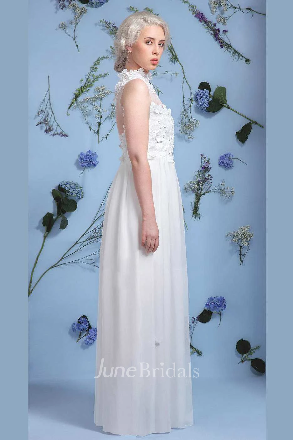 High Neck Illusion Sleeve Chiffon Lace Wedding Dress