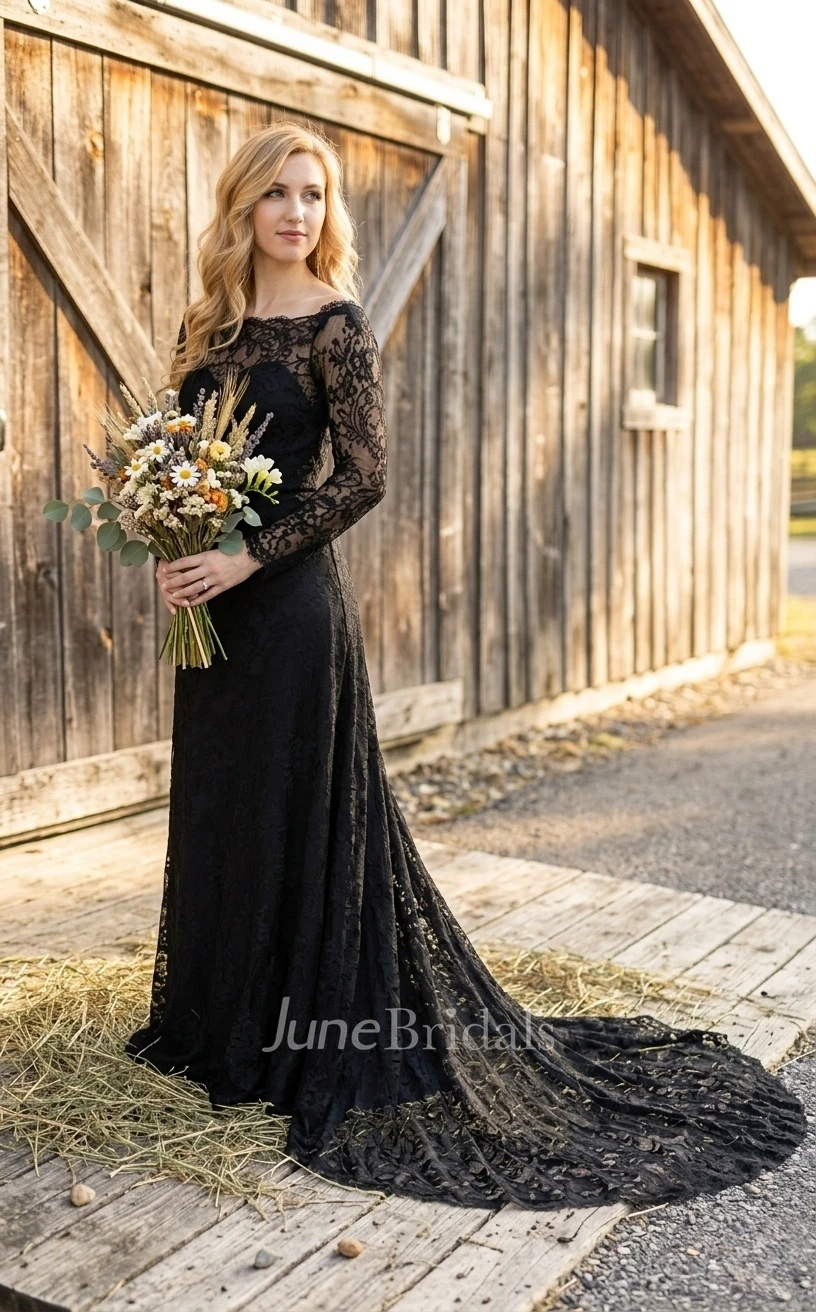 Modest Sheath Bateau Neck Lace Appliques Long Sleeve Floor-length Black Wedding with Train