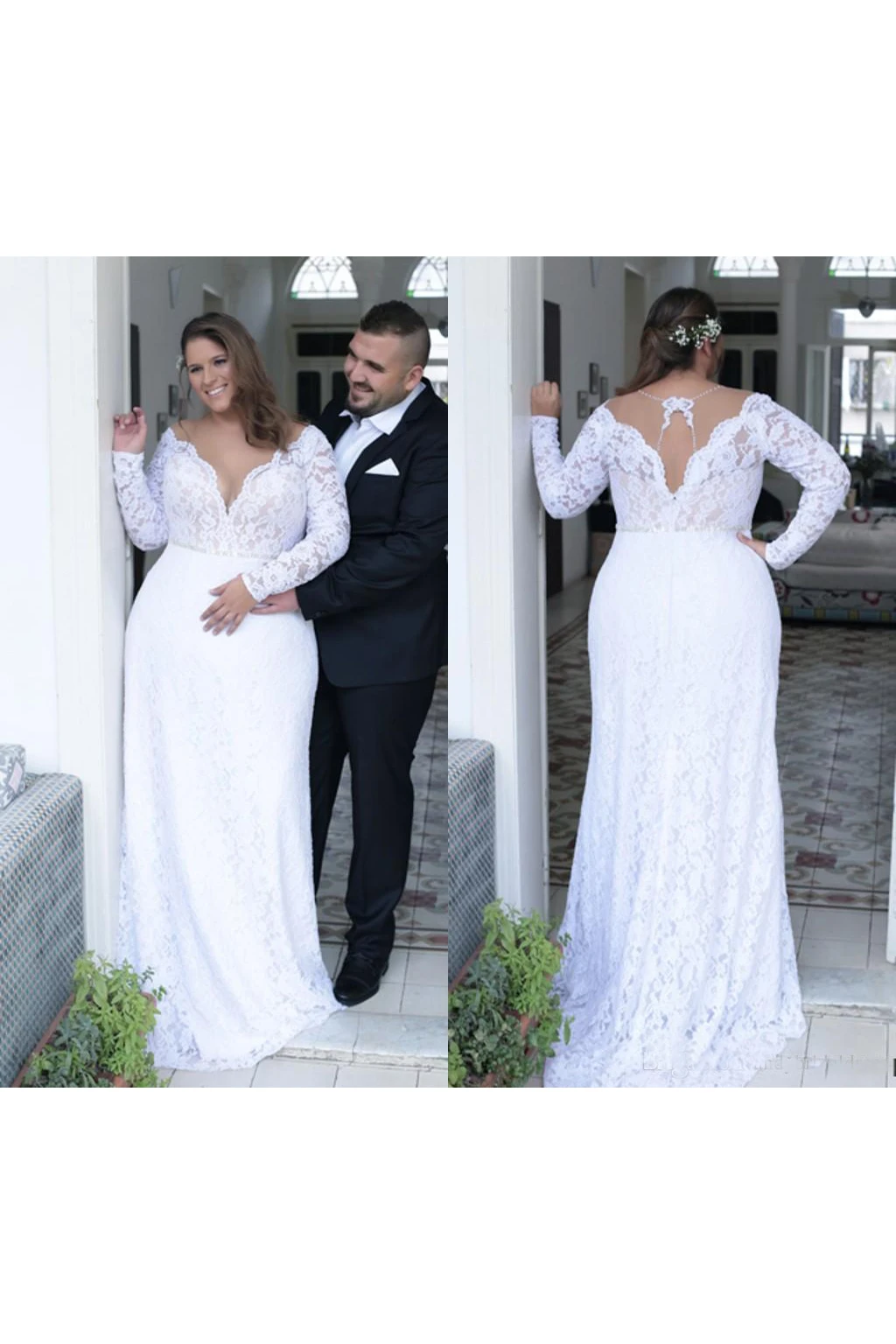Glamorous Plus Size Fall Wedding Dress with Lace Long Sleeves