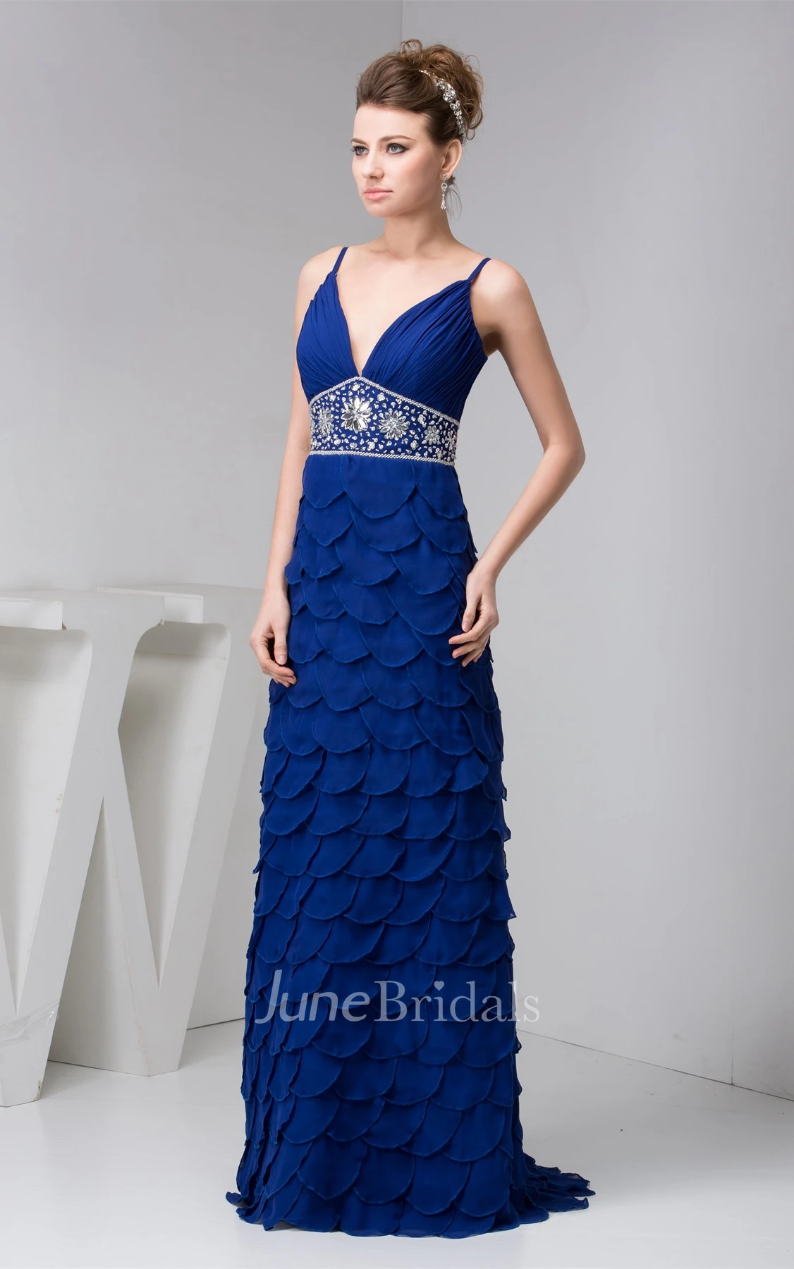 Plunged Spaghetti-Strap Floor-Length Dress with Layers and Beaded Waist