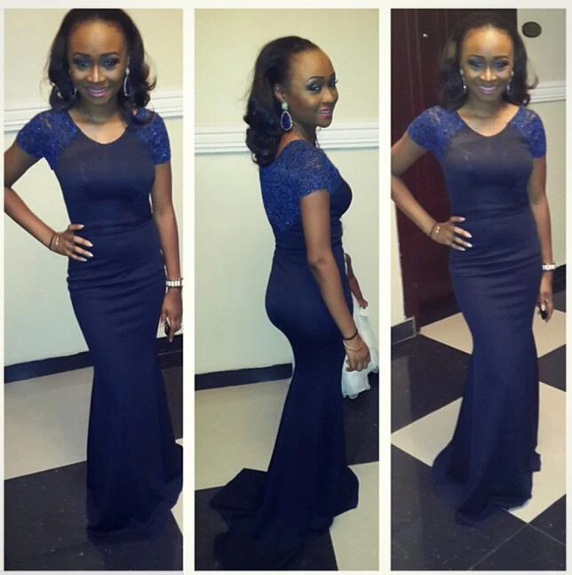 Gorgeous Short Sleeve Mermaid Appliques Evening Dress Floor Length