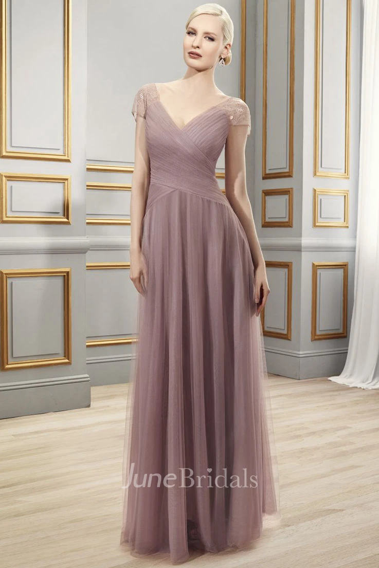 Ruched Illusion Back Formal Pleats Short-Sleeve A-Line Tulle Dress