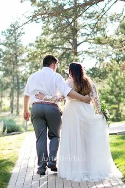 Plus Size Lace Long Sleeve Sexy Sheer V Neck Illusion Back Tulle Bridal Gown