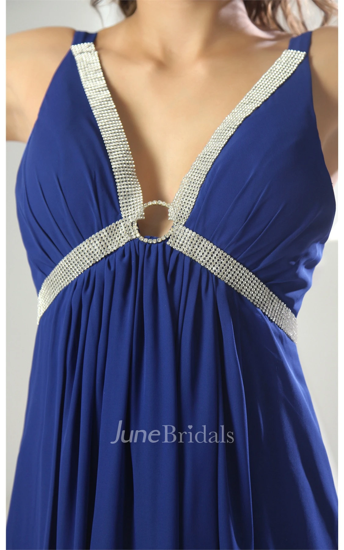 Plunged Empire Chiffon Dress with Beading and Pleats