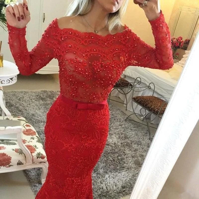 Glamorous Jewel Mermaid Red Pom Dress Long Sleeve With Beadings