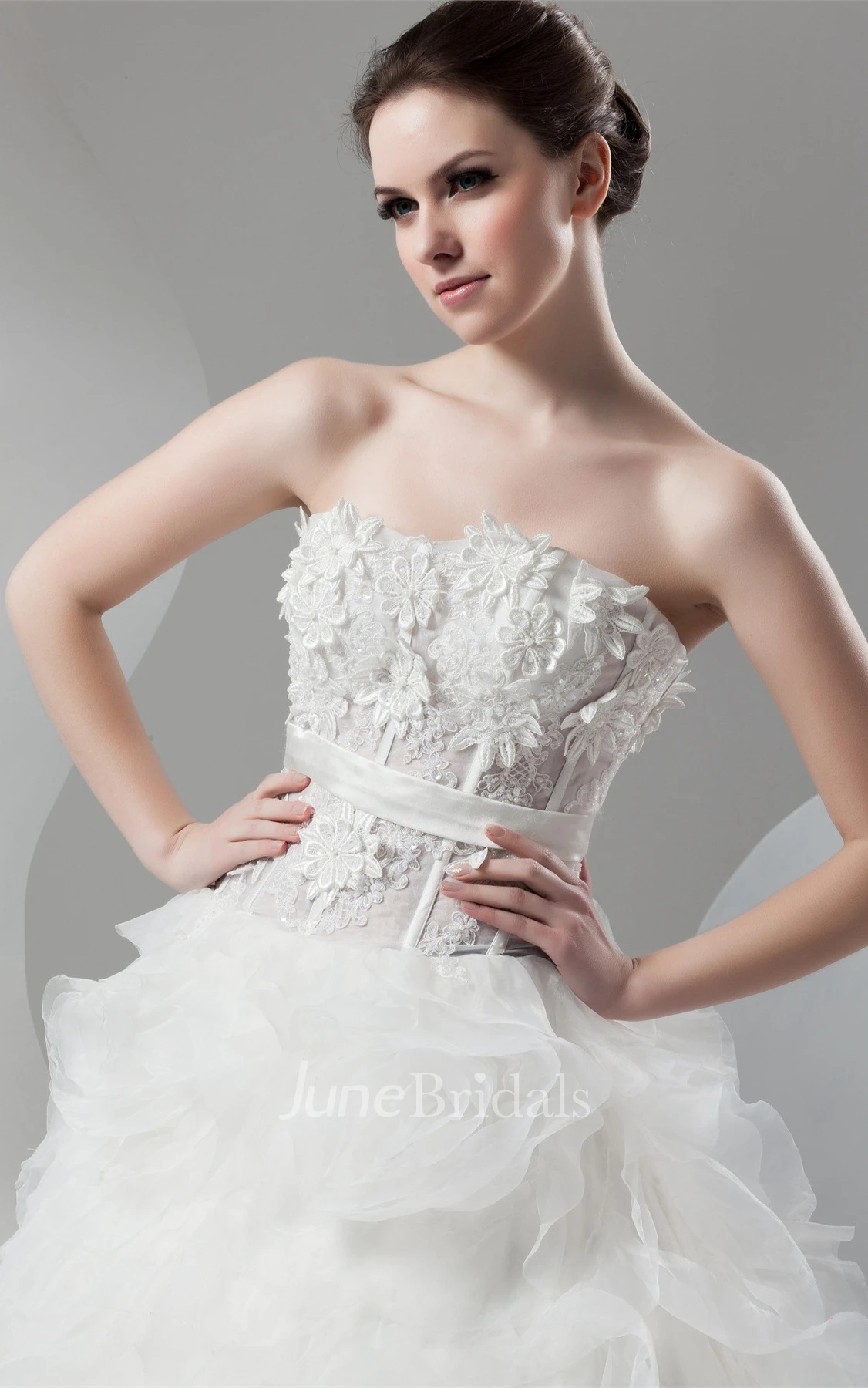 Strapless Ruffled Ball Gown with Flower and Appliques