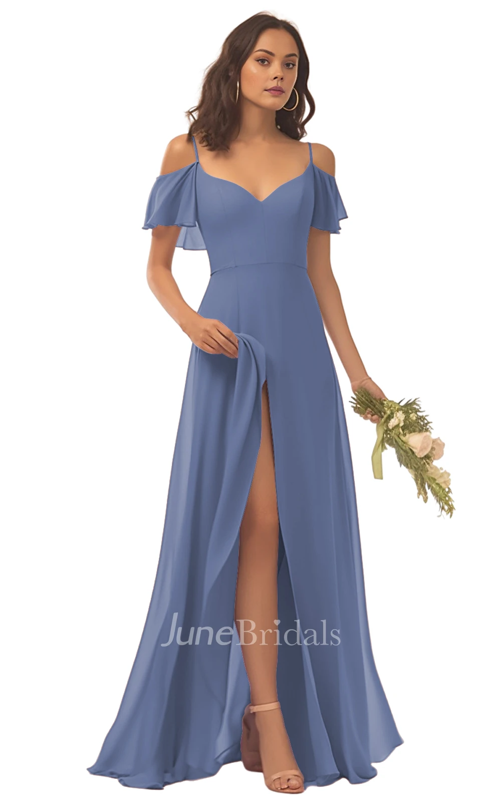 Beautiful A-Line Spaghetti Chiffon Bridesmaid Dress with Split Front