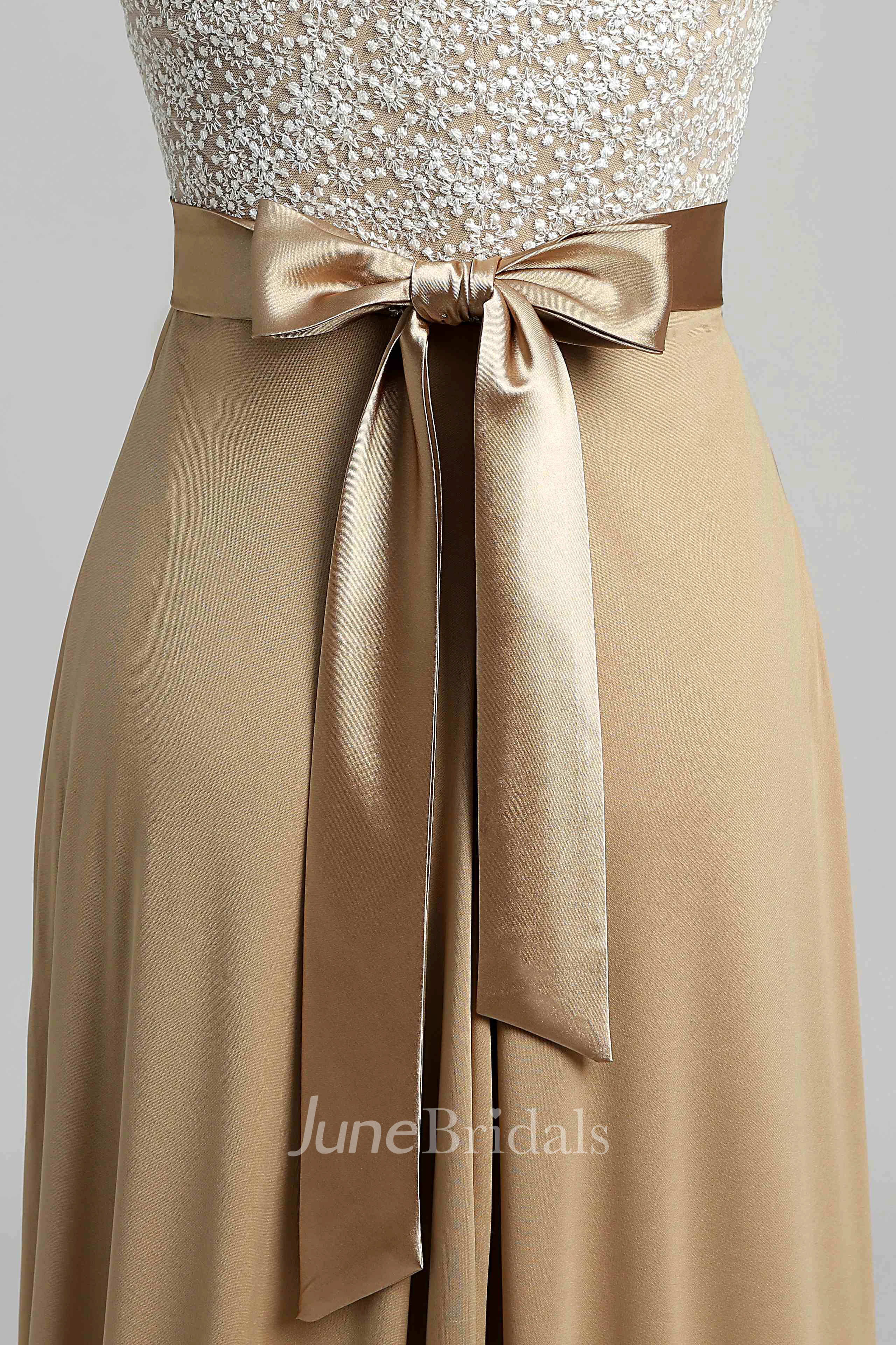 Floor-length A-line Bateau Cap Short Sleeve Illusion Jersey Lace Dress