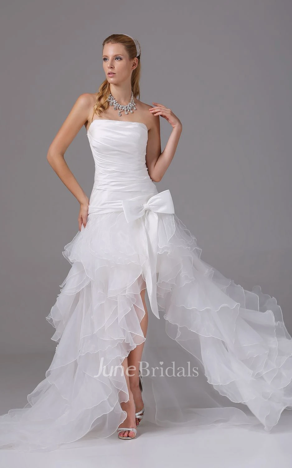 Strapless High-Low Organza Dress With Bow and Ruching