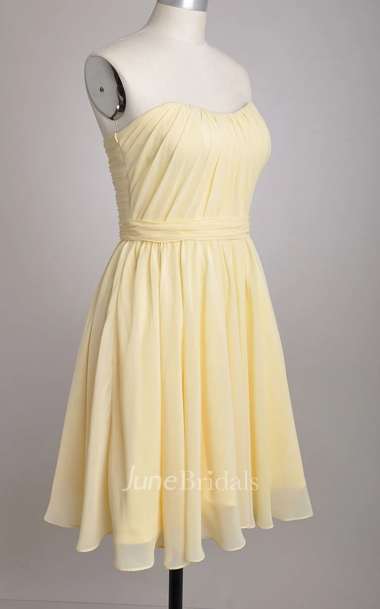 Strapless A-line Chiffon Knee-length Dress With Vertical Pleats
