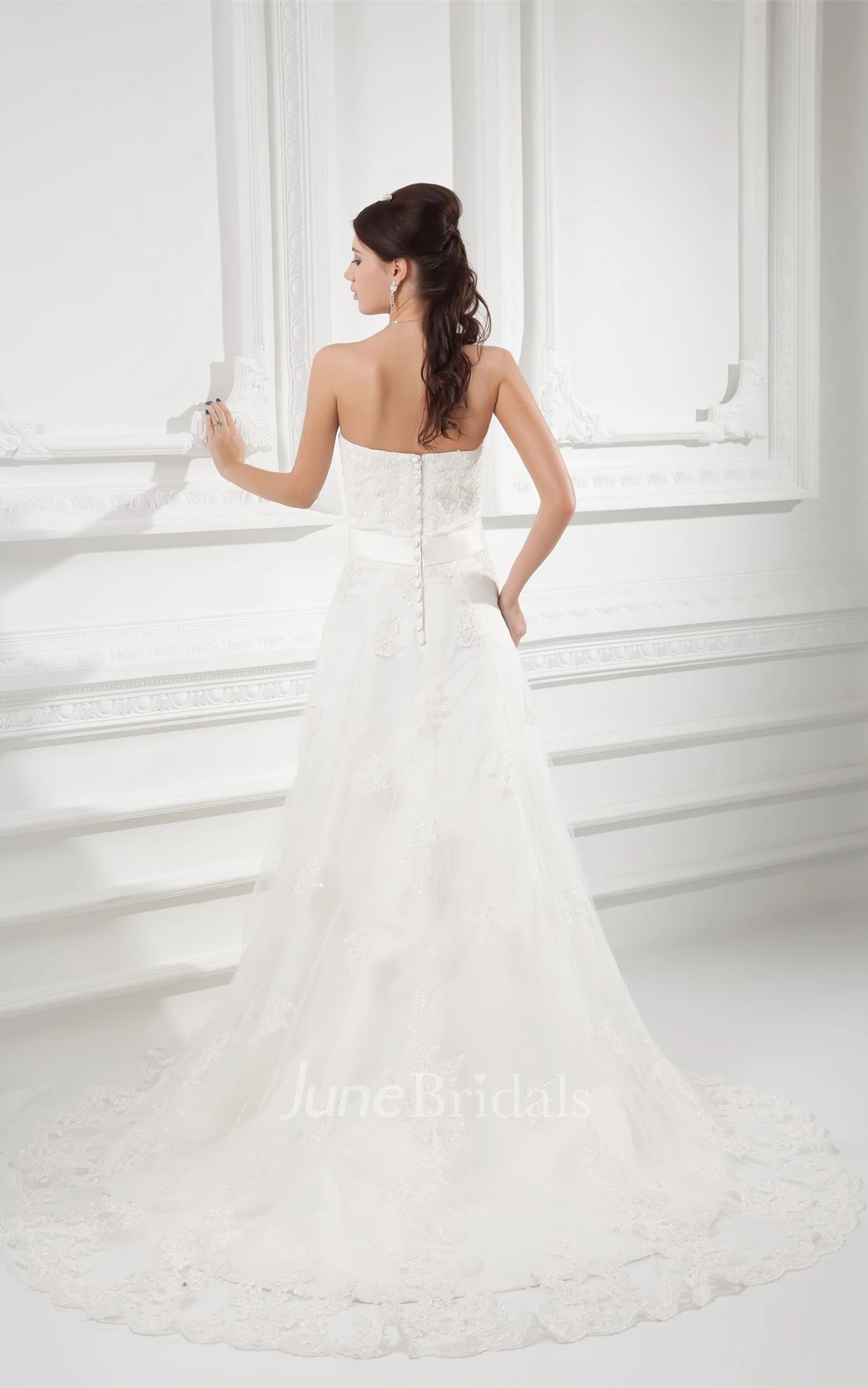 strapless maxi lace dress with court train and broach