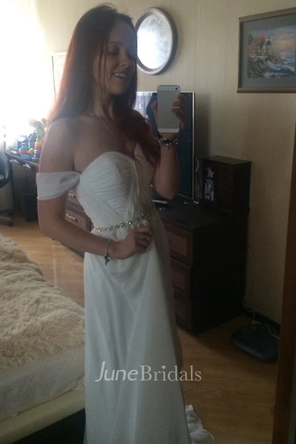 Elegant Off-shoulder Beading Sash Long Chiffon Wedding Dress Wedding Dresses