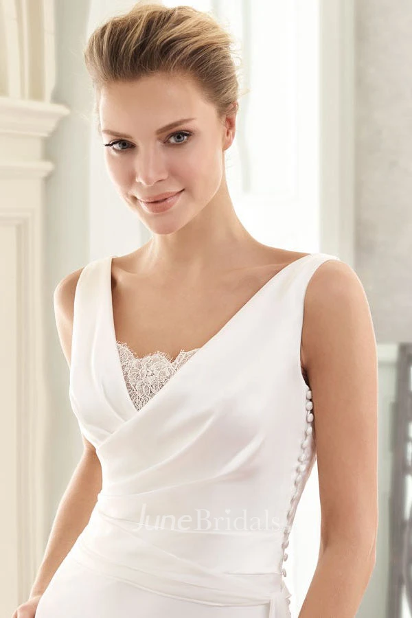 Maxi V-Neck Appliqued Chiffon Wedding Dress With Sweep Train And V Back