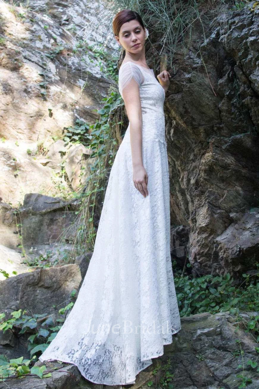 Boho Illusion V-Neck Lace Floor-Length Wedding Dress With Sweep Train