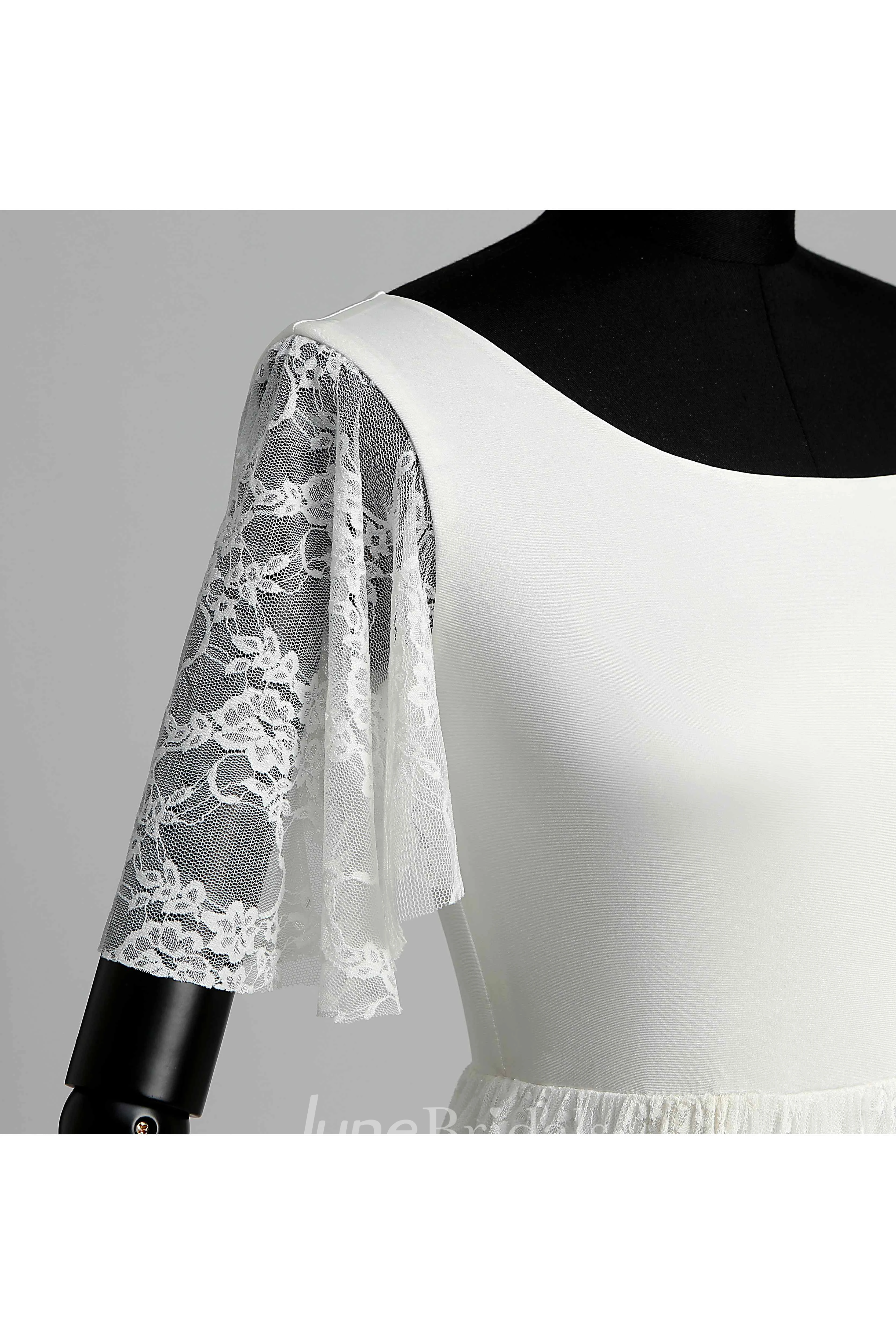 Floor-length Sweep/Brush Train A-line Scoop Illusion Short Sleeve Satin Lace Weeding Dress