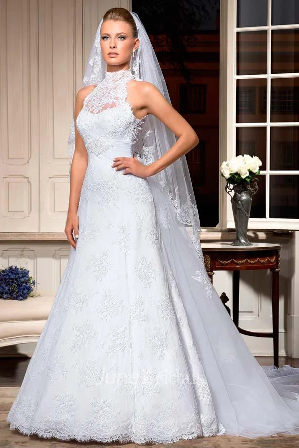 Sexy White Lace Sleeveless High Neck Floor Length Wedding Dresses