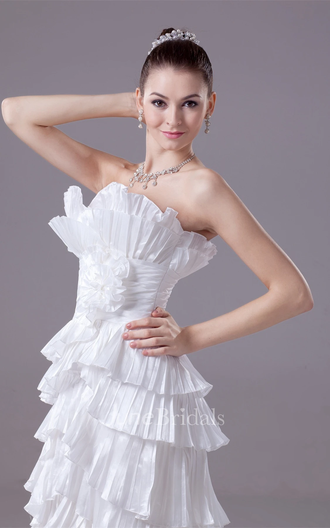 Strapless Tiered Floor-Length Dress with Ruching and Flower