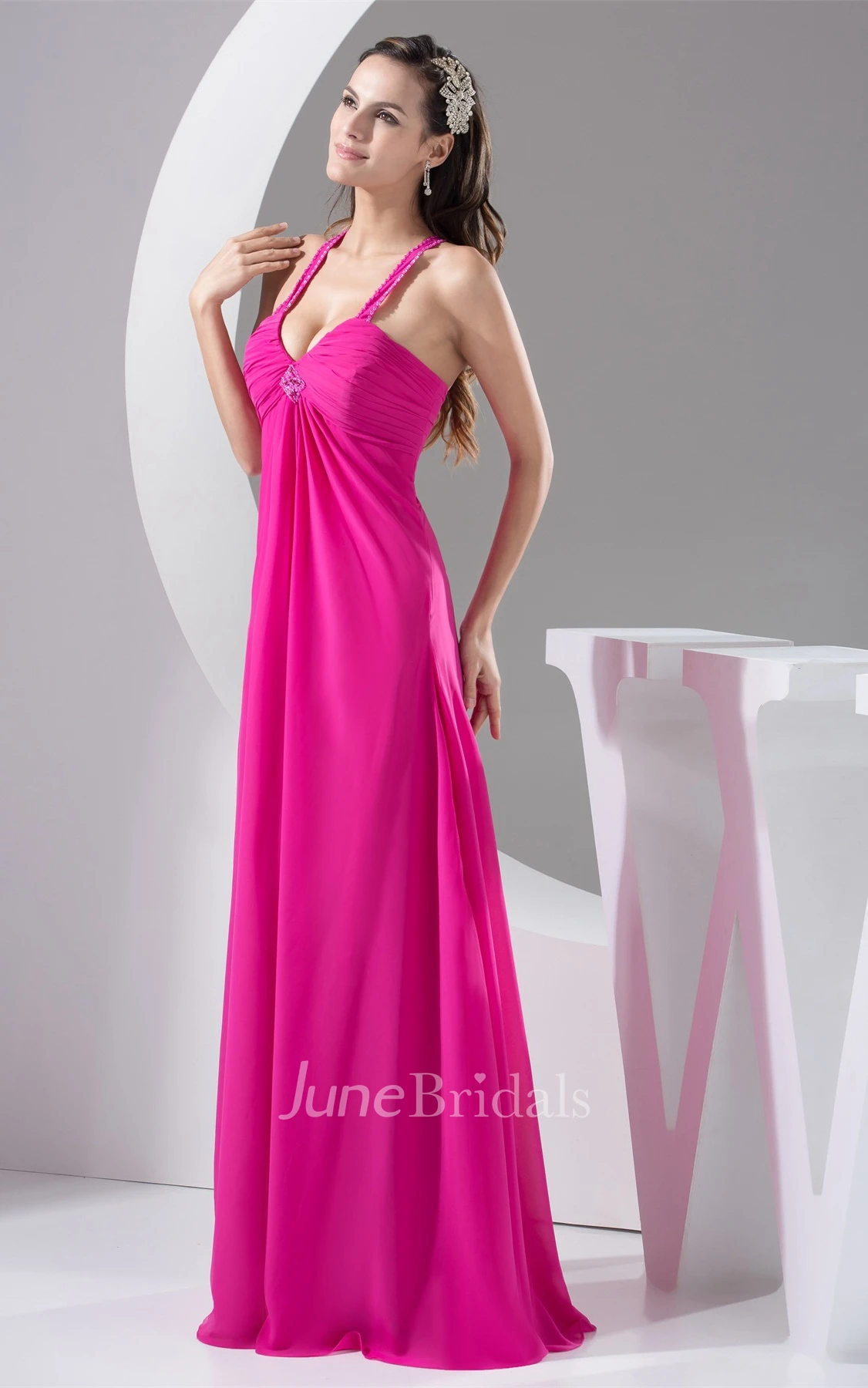 Plunged Criss-Cross Chiffon Maxi Dress with Beading and Broach