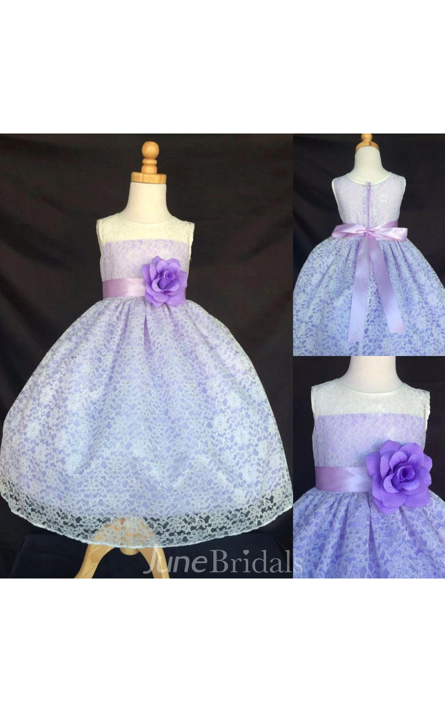 Sleeveless Jewel Neck Pleated A-line Floor Length Lace Dress With Flower