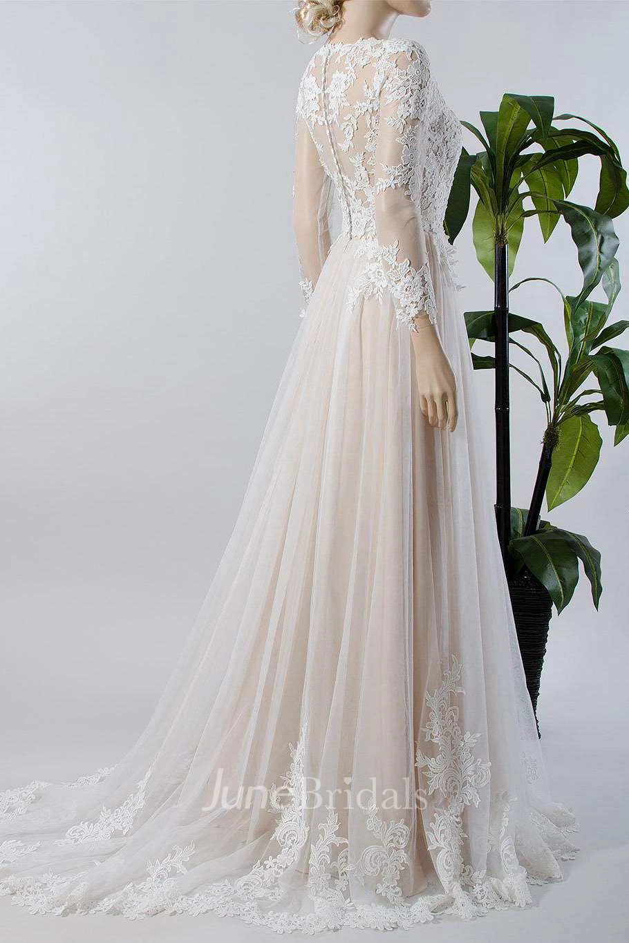 V-Neck Illusion Long Sleeve Lace Appliqued Tulle A-Line Pleated Wedding Dress