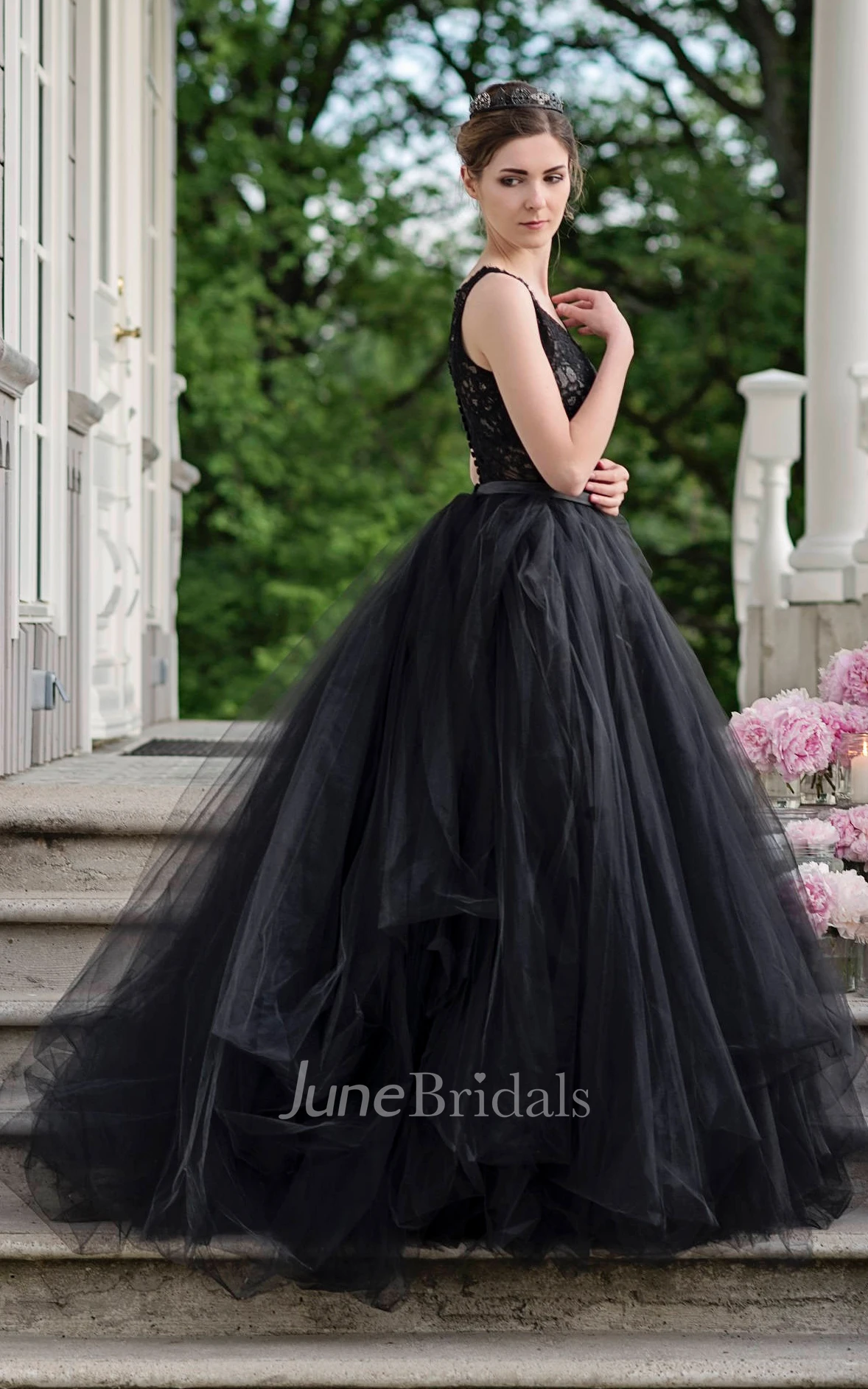 A-Line Straps Floor-length Sleeveless Low-V Back Lace With Ruffles Sash/Ribbon Black Wedding Dress