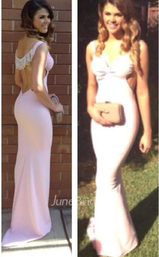 Sexy Mermaid Straps Pink Pearls Prom Dress Sweep Train Sleeveless