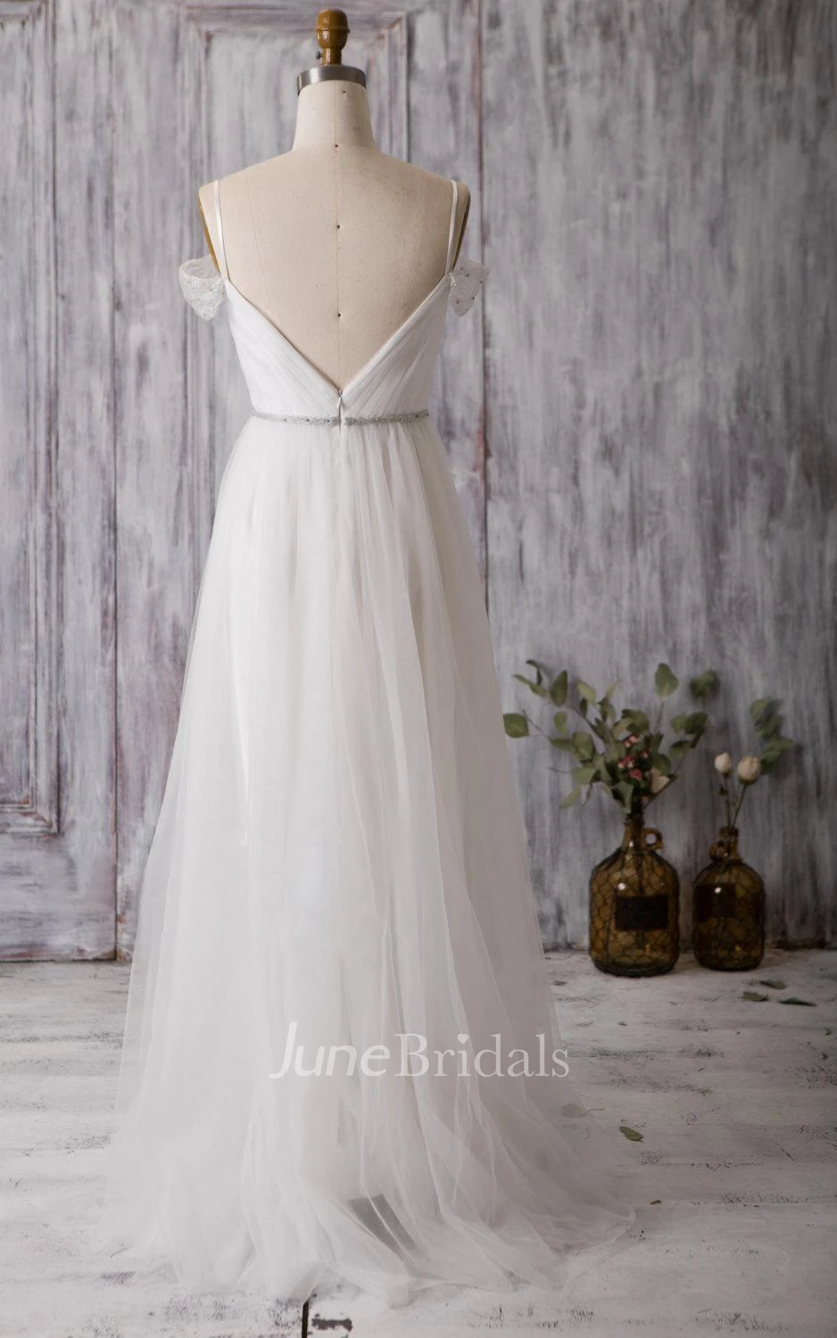 Spaghetti Strap Long A-Line Tulle Wedding Dress With Crisscross Ruching