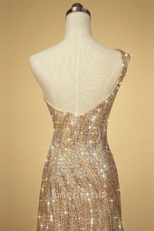 One Shoulder Open Back Luxury Tulle Mermaid Gown With Beading And Appliques