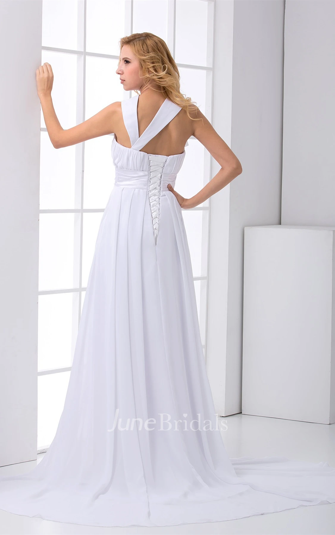 Chiffon Ruched A-Line Dress with Flower and Pleats