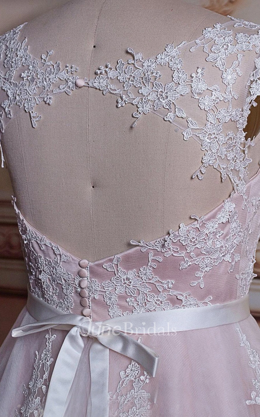 A-Line Tea-Length Cap Sleeve Tulle Lace Satin Dress With Keyhole Back