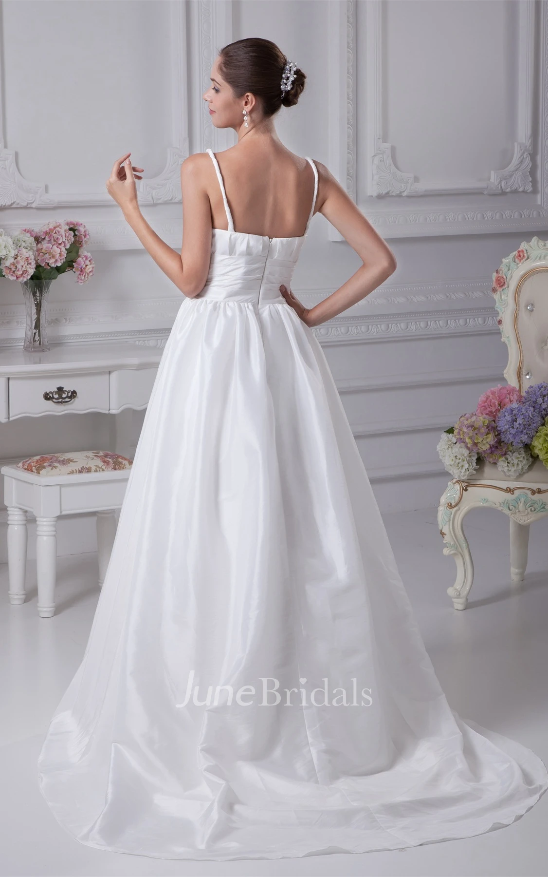 Spaghetti-Strap Plunged A-Line Gown with Broach and Pleats