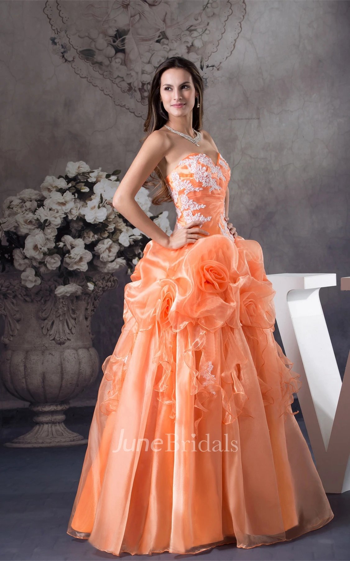 Sweetheart Ruffled Ball Gown with Flower and Appliques