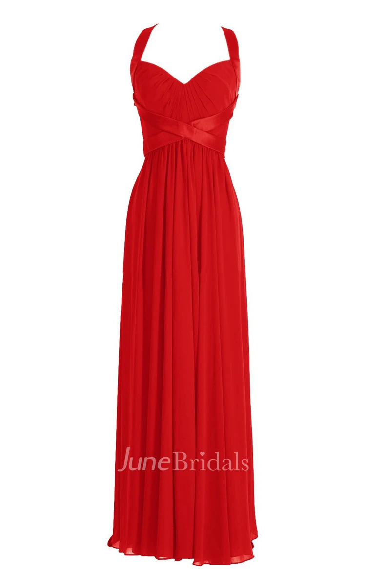 Halter Pleated Chiffon A-line Gown With Deep-v Back