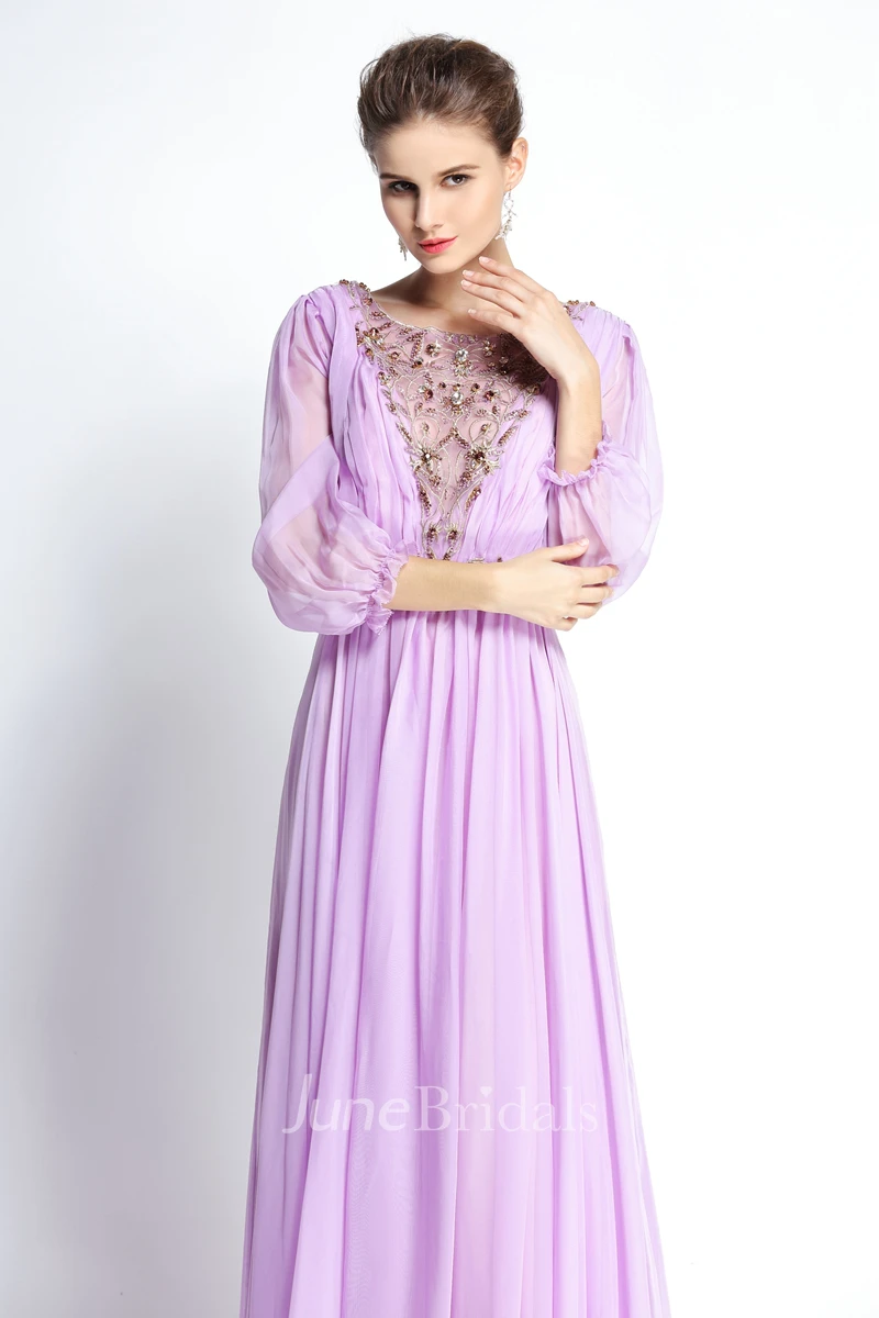 A-Line Bateau Puff Balloon Long Sleeve Floor-length Chiffon Prom Dress with Beading and Deep-V Back 