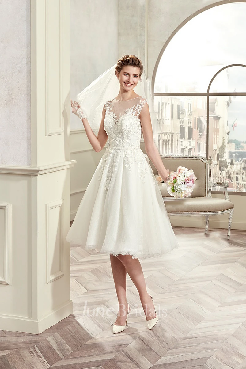 Cap-sleeve Knee-length Wedding Gown with Illusive Design and Lace Bodice