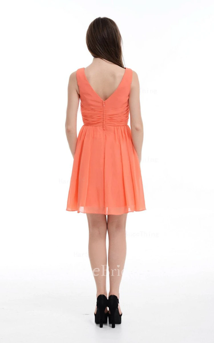 A-line Short Knee-length V-neck Chiffon Dress