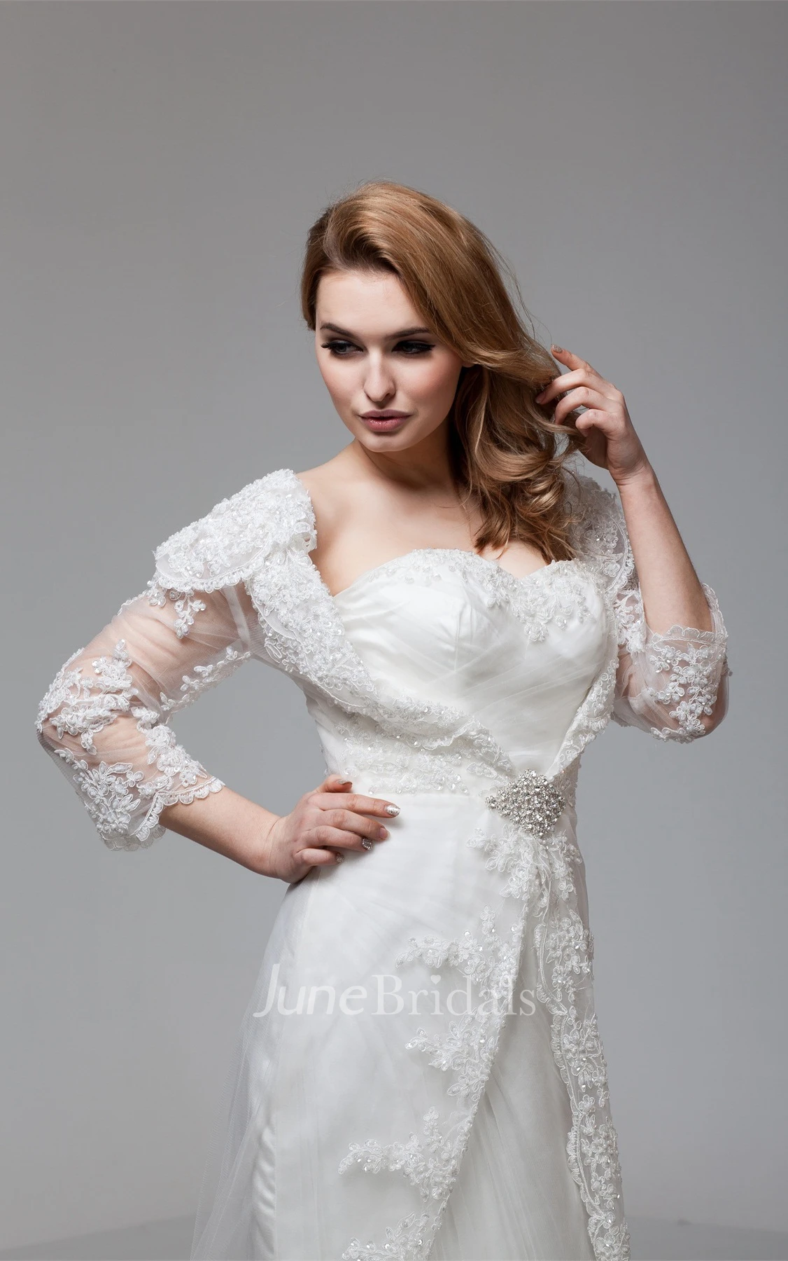 Sweetheart Lace A-Line Gown with Broach and Illusion Sleeves