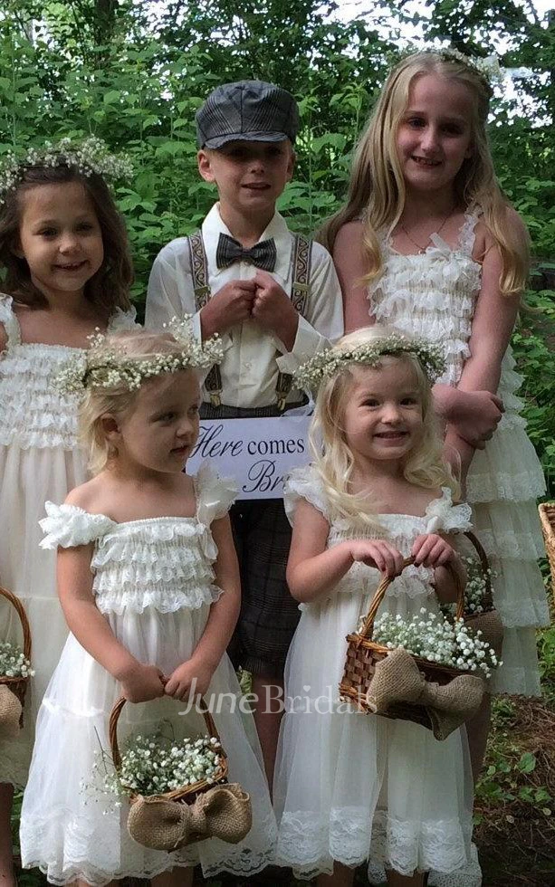 Ruffled Short Sleeve Tulle lace Dress With Flower