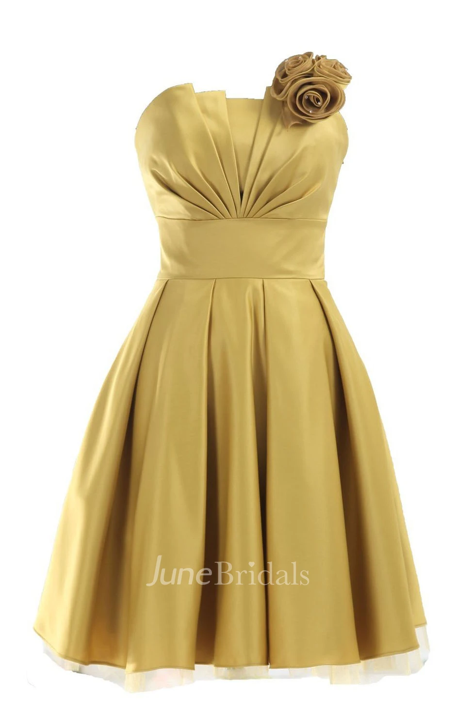 Strapless Appliqued Ruched Bodice Short Pleated Satin Dress