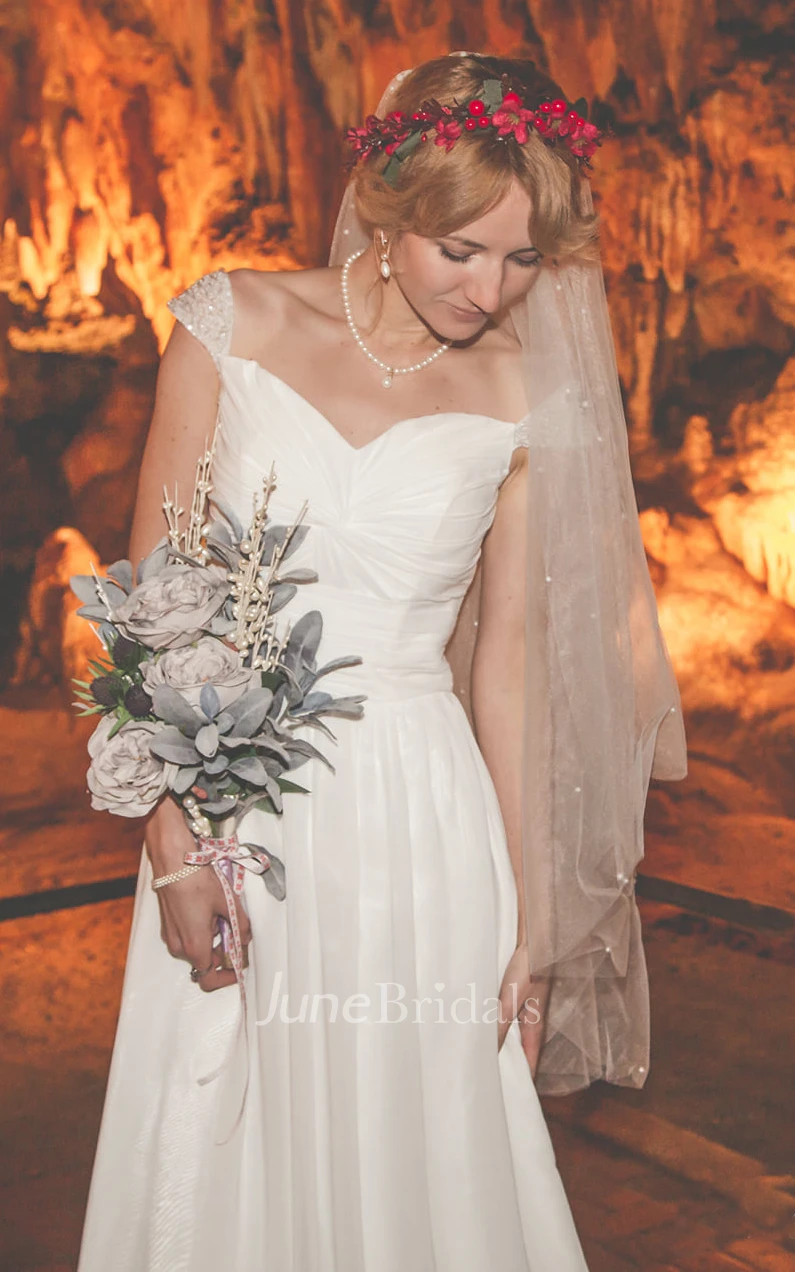 A-Line Chiffon Off-the-shoulder Vintage Wedding Dress Ruching With Low-V Back