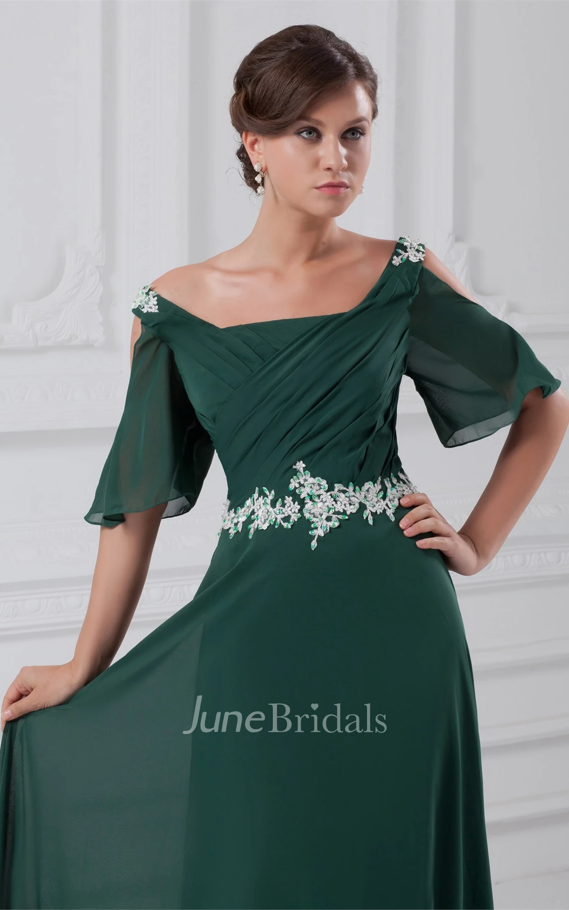 square-neck chiffon maxi ruched dress with appliqued waist