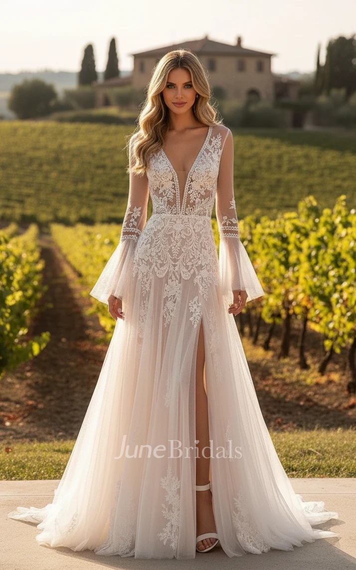 Boho Lace A-Line Long Sleeve Wedding Dress Flowy Beach Country Tulle Gown with Slit