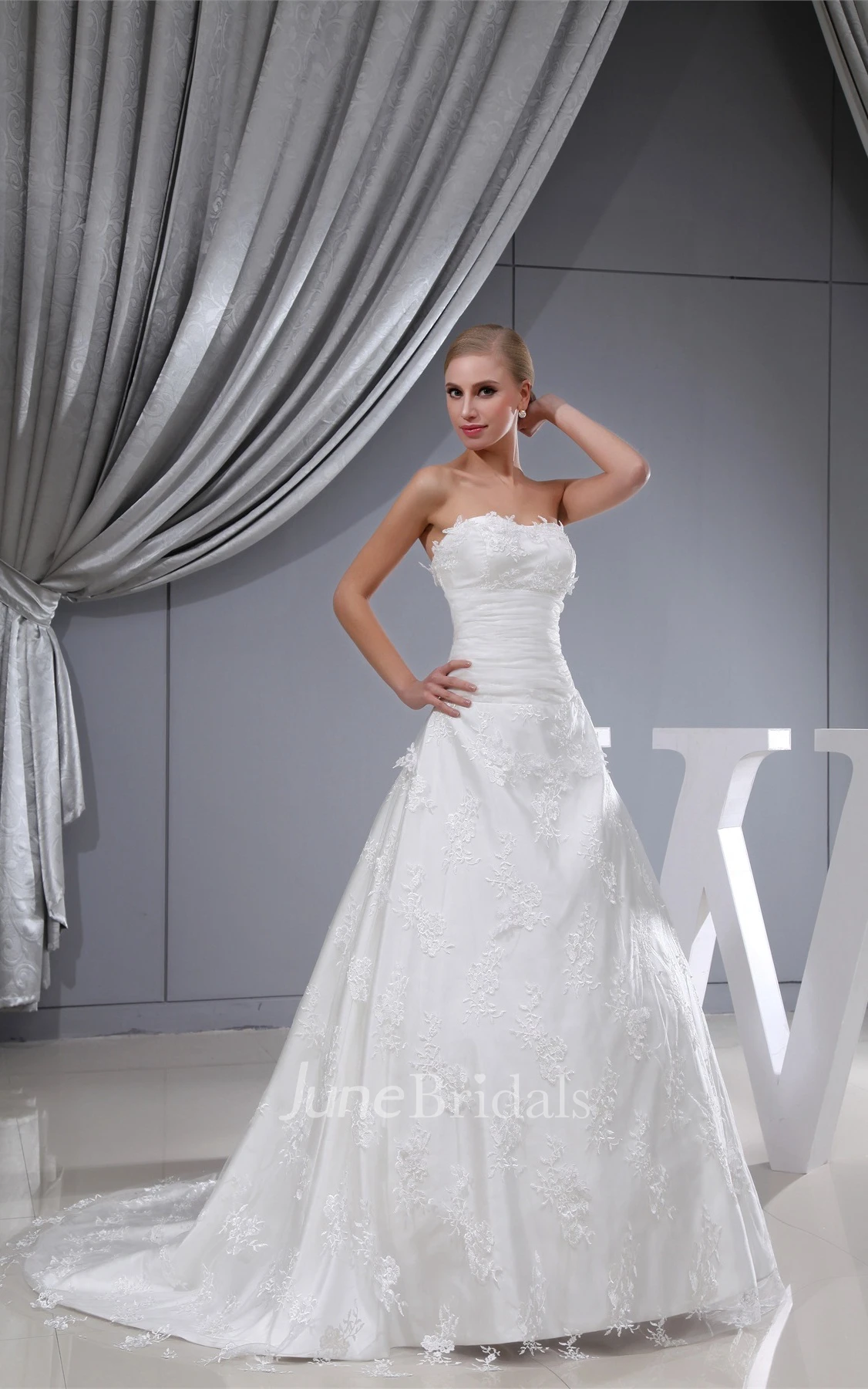 Long Strapless A-Line Lace Gown with Tulle Overlay and Cinched Waistband