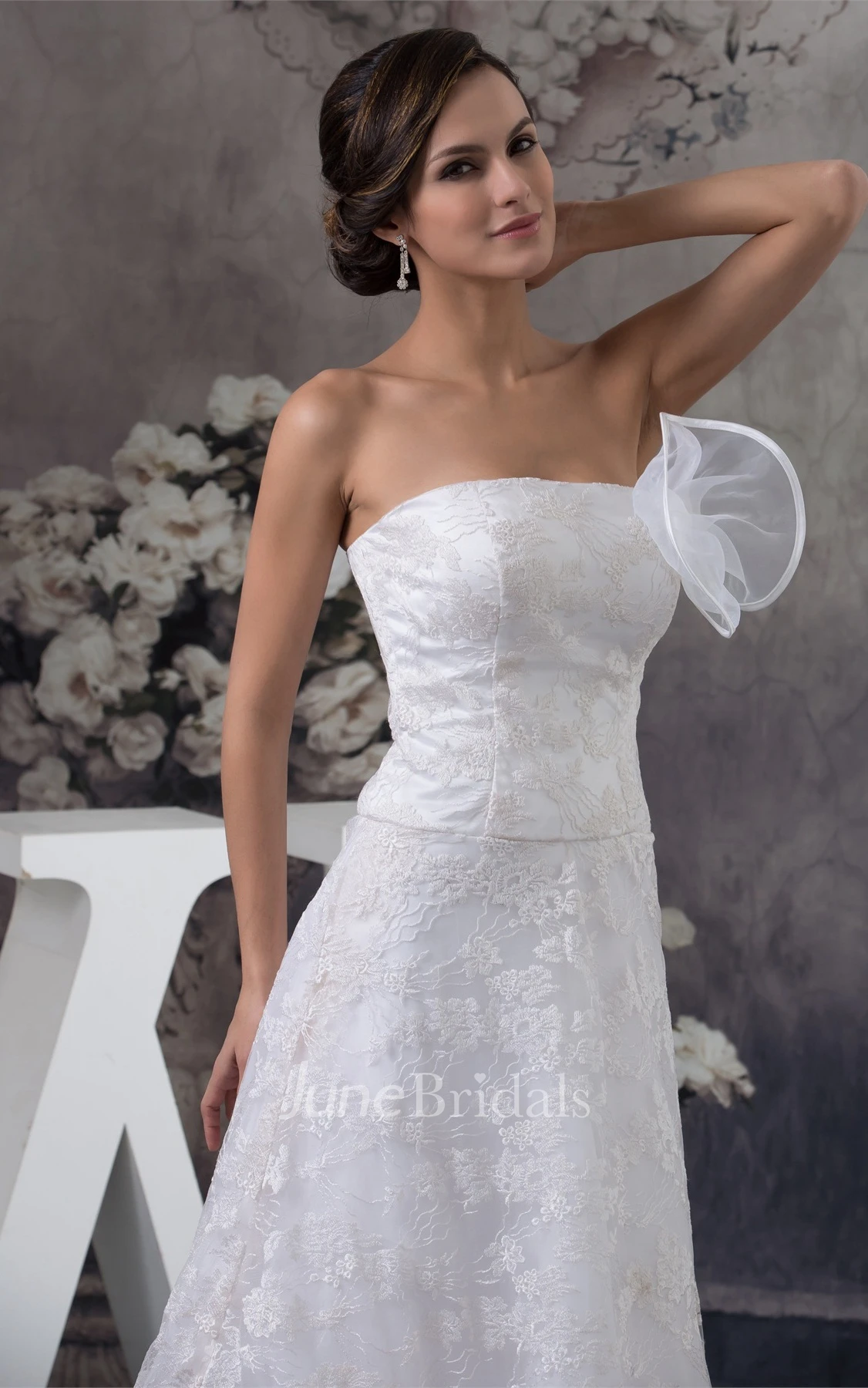 Strapless Ruched A-Line Gown with Appliques and Flower