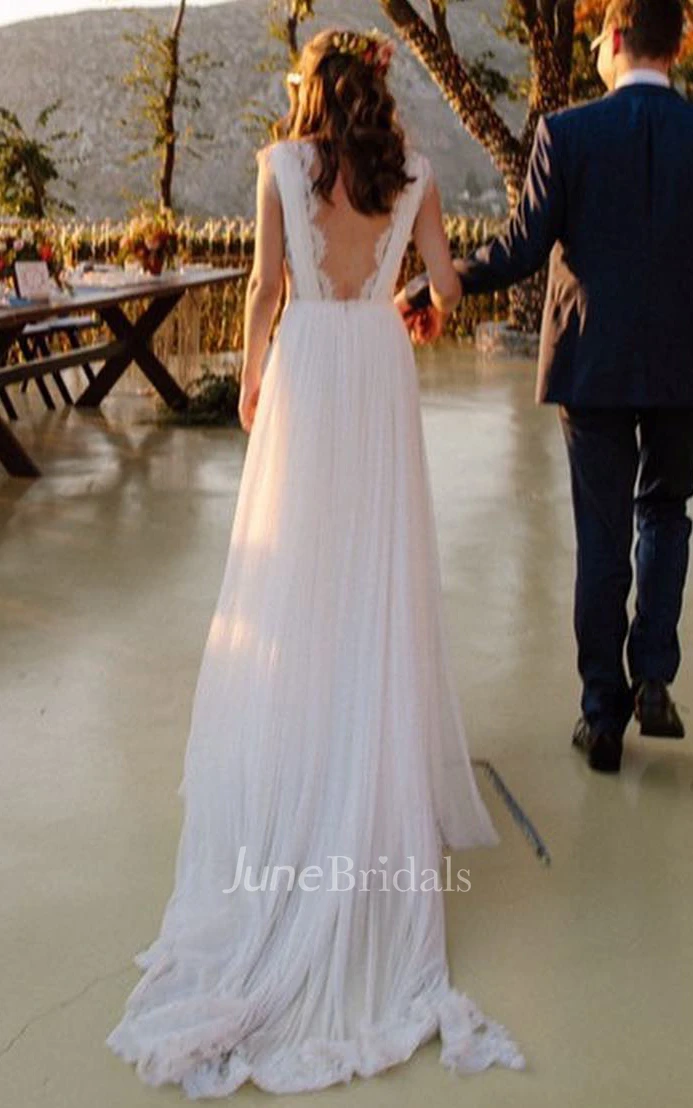 Greek A-Line Plunging Neckline Chiffon Lace Spring Wedding Dress With Open Back And Pleats