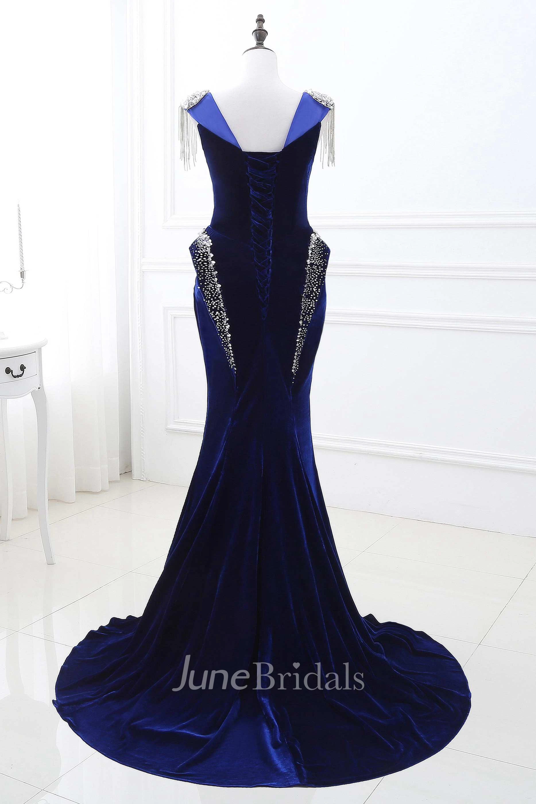 Tassel Cap Sleeve Bateau Neck Mermaid Velvet Gown