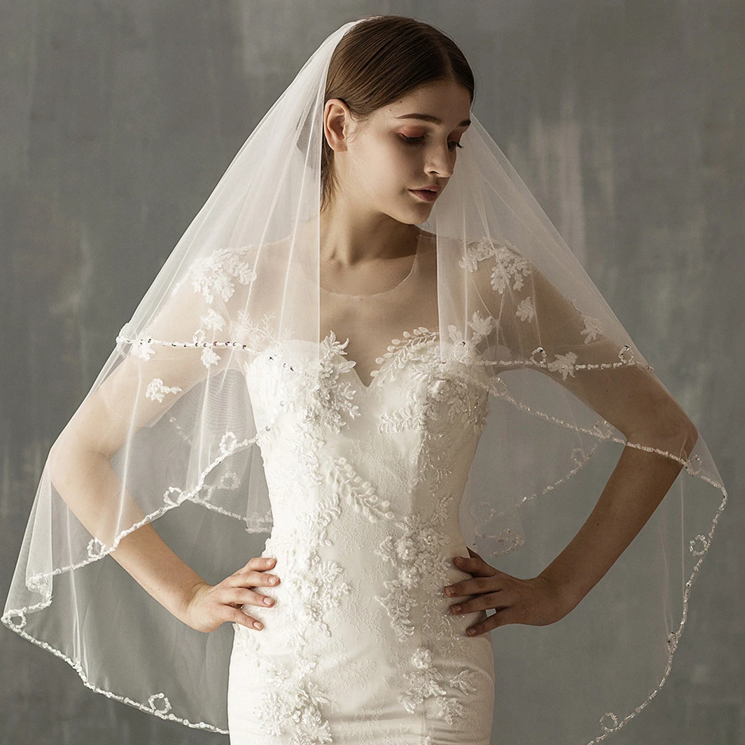 Original Handmade Chic Two Tier Fingertip Veil with Beads Trim
